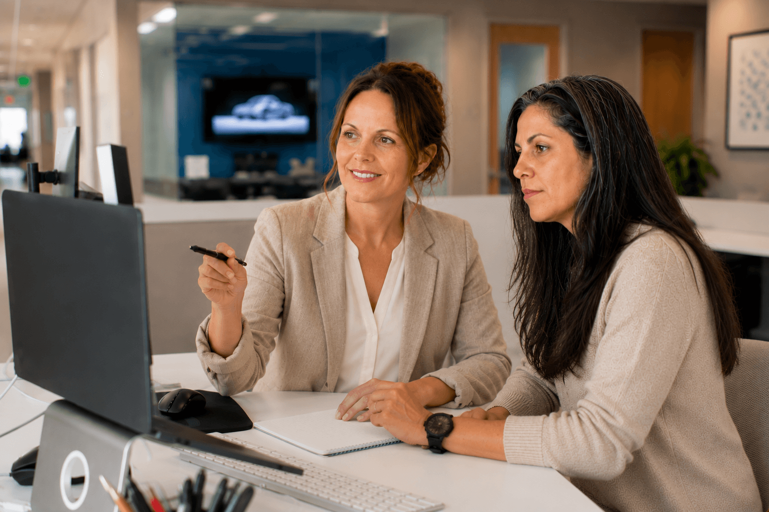 The digital marketing agency's manager and her client discuss webdesign options in the client's office.